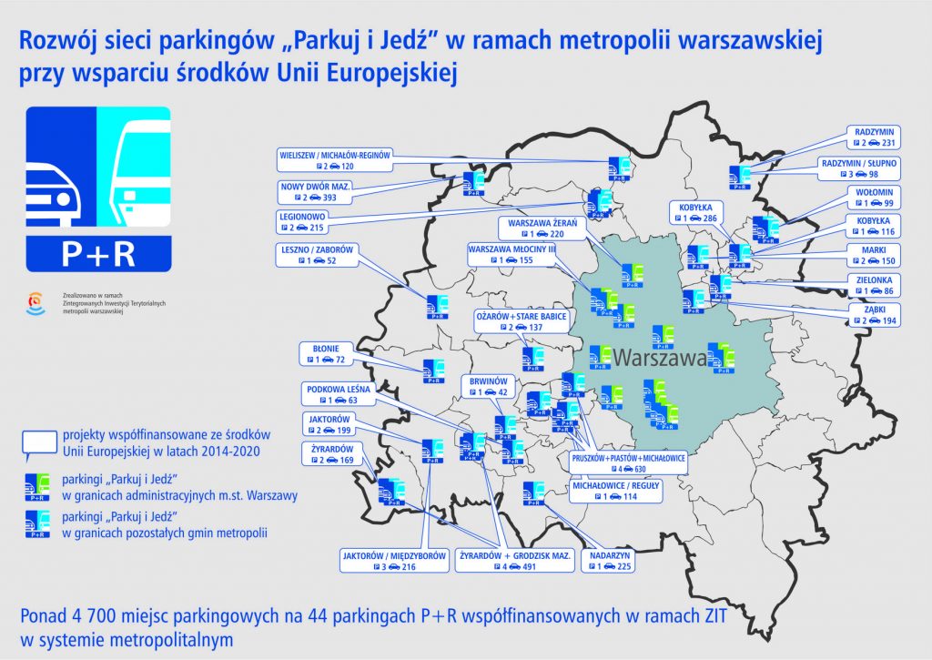 Mapa przedstawiająca rozwój parkingów Parkuj i jedź, w ramach metropolii warszawskiej przy wsparciu środków UE.