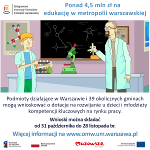 Na grafice uczeń i nauczyciel podczas lekcji w szkole. Powyżej tekst: Ponad 4,5 mln zł na edukację w metropolii warszawskiej, z lewej strony logo Zintegrowanych inwestycji Terytorialnych. Poniżej grafiki opis naboru i przekierowanie na stronę internetową www.omw.warszawa.pl.