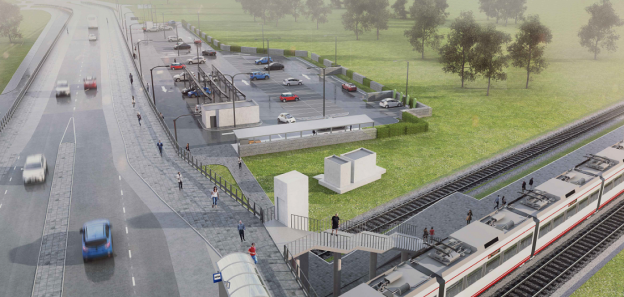 Wizualizacja PKP Warszawa Jeziorki. Tory pociągu, obok parking samochodowy, ulica, spacerujący po chodniku ludzie, na około trawa.