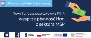 Grafika z tekstem: Nowy fundusz pożyczkowy z POIR wesprze płynność firm z sektora MŚP. Po lewej stronie dwie ręce, pomiędzy nimi banknot. Poniżej logotypy.